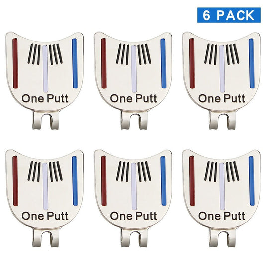 A set of 6 One Putt Design Golf Ball Markers with a Magnetic Golf Hat Clip. 