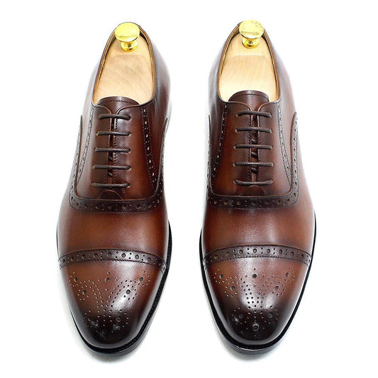 Men's Genuine Leather Oxford Dress Shoes - Handmade Lace-up Brogue Cap Toe.