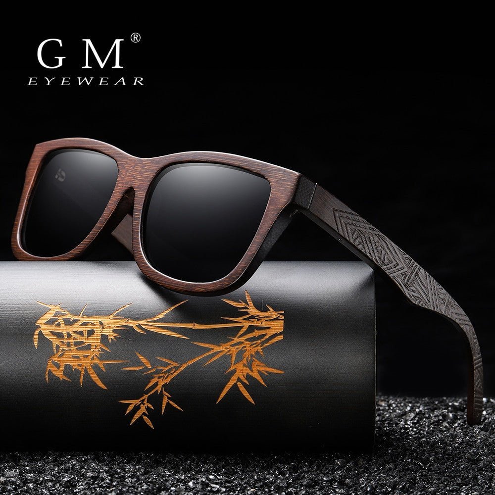 GM Natural Bamboo Wooden Sunglasses, handmade and polarized for optimal vision with a stylish gift box.