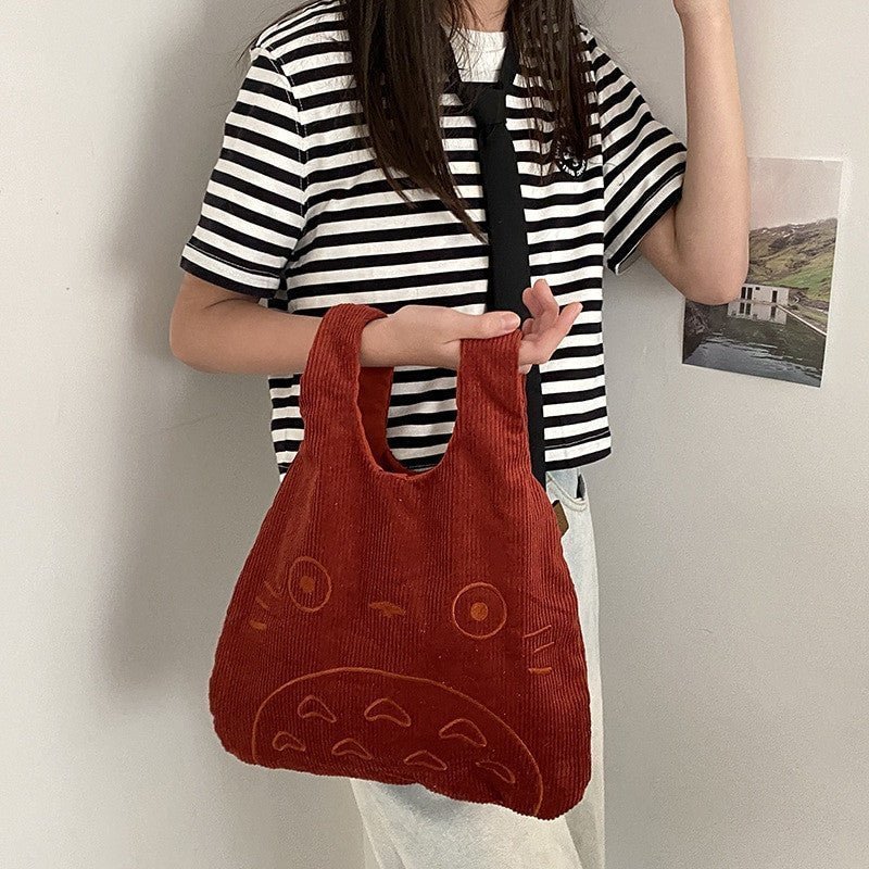 Kawaii Totoro Corduroy Tote Bag – Large Plush Handbag for Women - Adistore