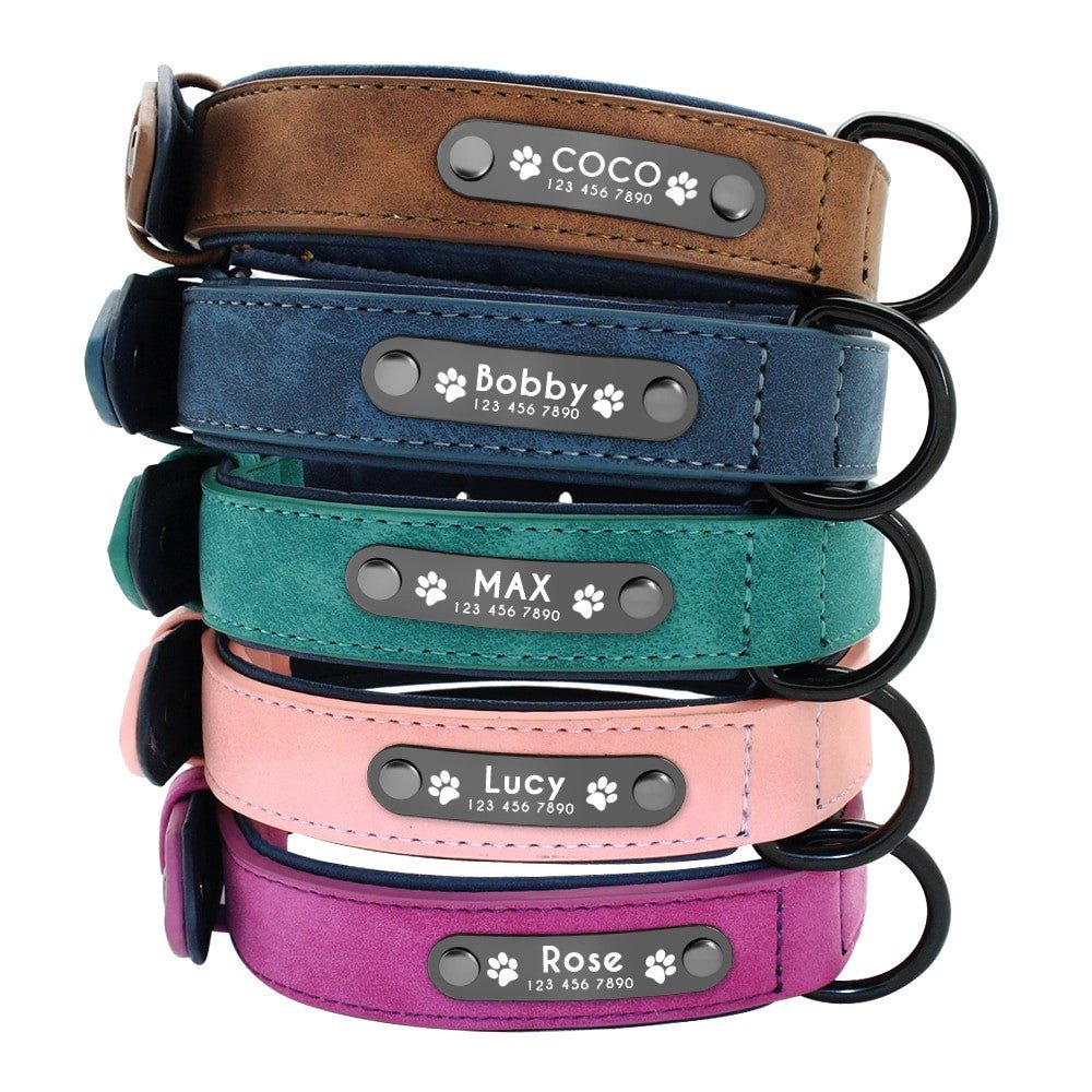 Dog collars personalised custom leadther for small, medium and large dogs.