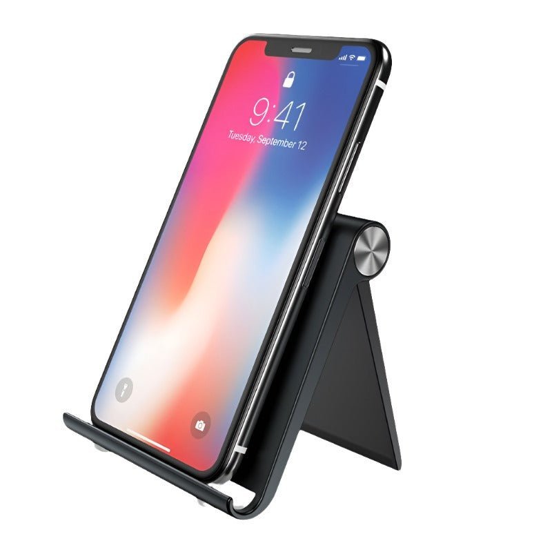 Olaf brand foldable desktop mobile phone holder stand supporting a smartphone, compatible with various devices including tablets and iPhones.