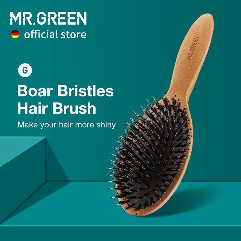 MR.GREEN Boar Bristle Hair Brush - Natural beech hairbrush designed for women with wet hair. Gentle detangling for a smooth and shiny finish.