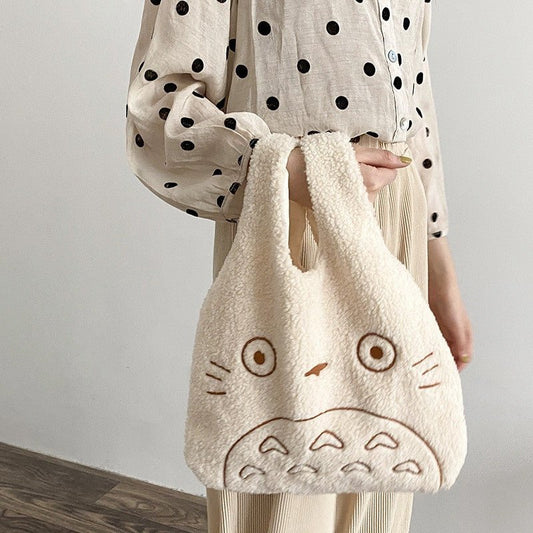 Kawaii Totoro Corduroy Tote Bag – Large Plush Handbag for Women - Adistore