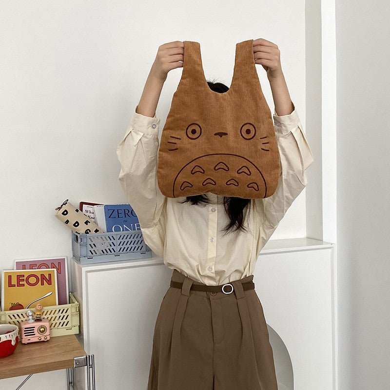 Kawaii Totoro Corduroy Tote Bag – Large Plush Handbag for Women - Adistore
