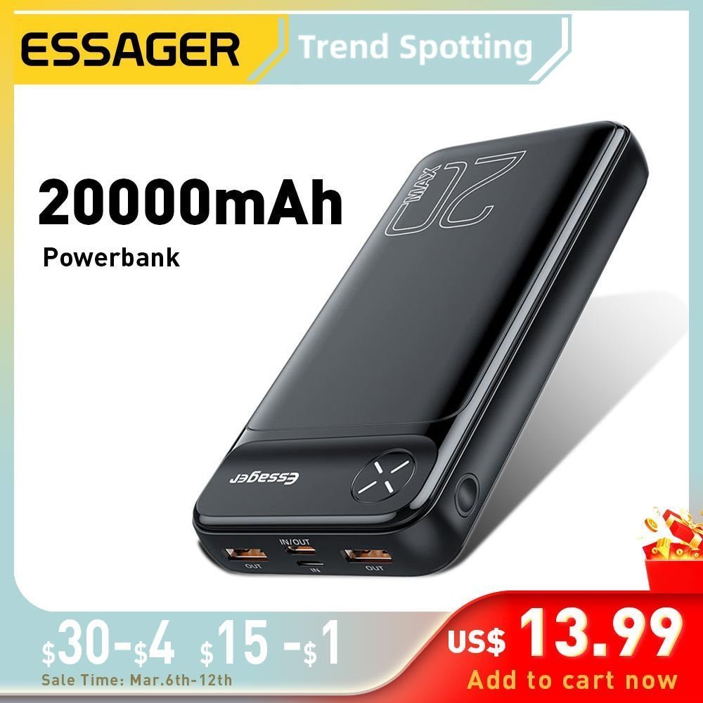Essager 20000mAh Portable Powerbank | Fast Charging Power Bank for iPhone, Samsung & USB Devices - Adistore