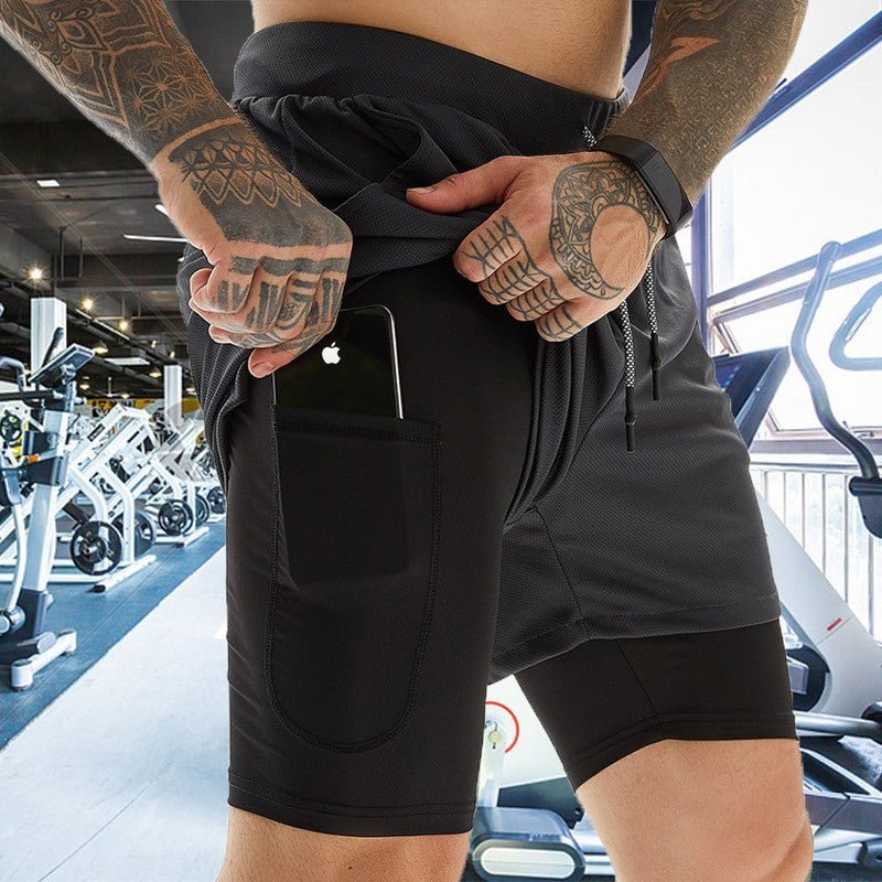 Men's 2 in 1 Sportswear Double-deck Running & Gym Fitness Shorts.