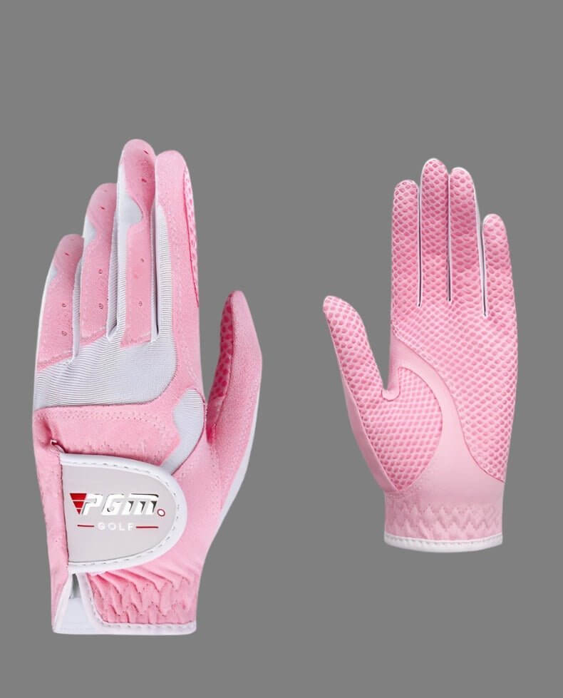 PGM Women’s Golf Gloves in pink, soft microfiber, slip-resistant grip, perfect for womens golf glove UK.