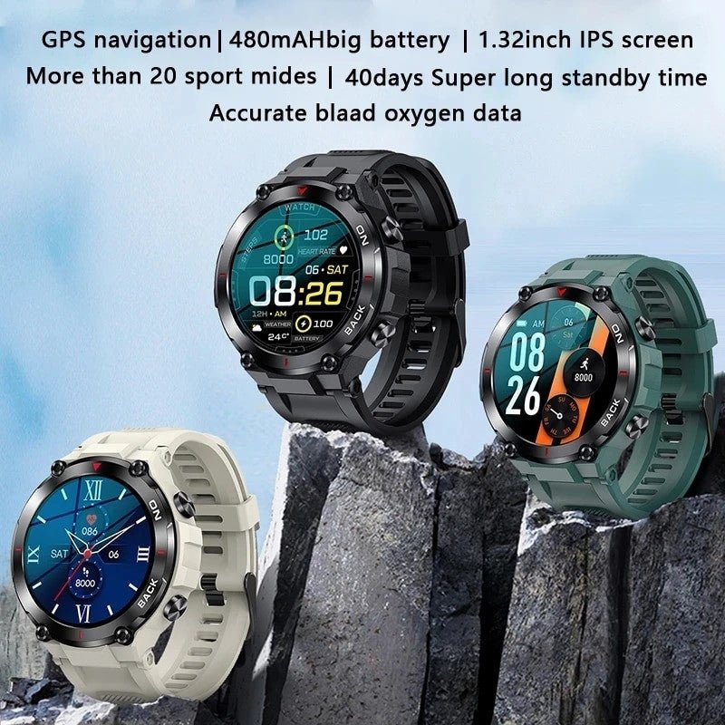 LIGE GPS Smart Watch Men displayed in three colors with rugged design featuring 1.32-inch IPS touch screen, health monitoring functions, and long battery life against a mountainous backdrop, illustrating its suitability for outdoor sports and activities.