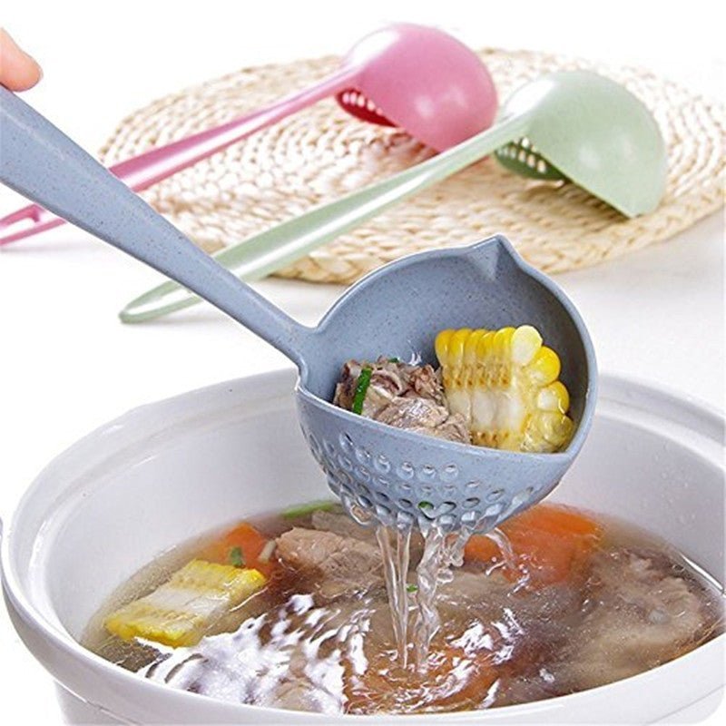 2-in-1 long handle kitchen plastic soup scoop and strainer in multi colours.