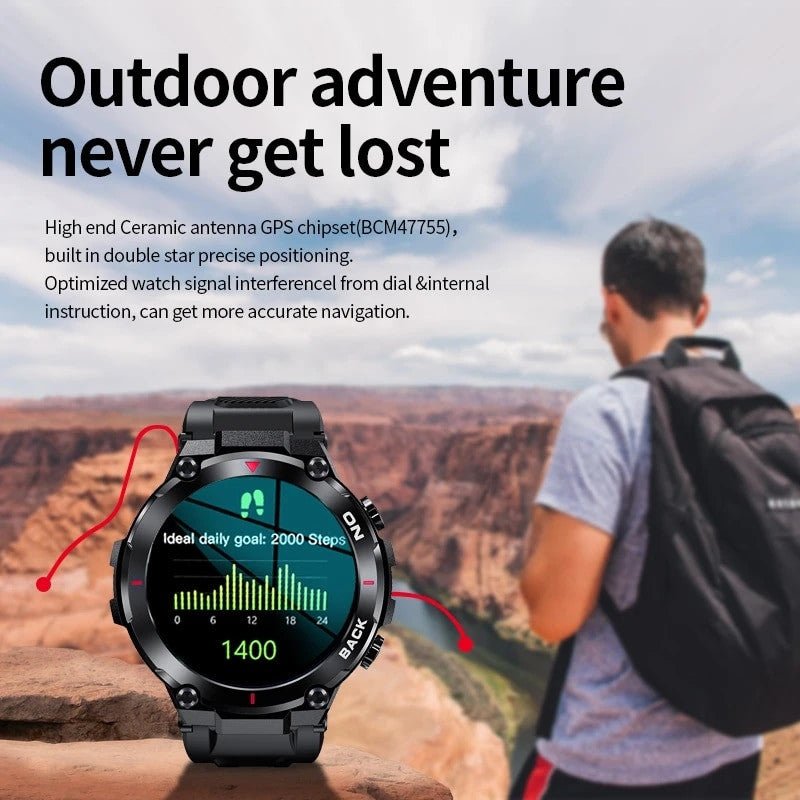 Stylish man standing on a cliff wearing a backpack looks into the distance with the LIGE GPS Smart Watch on his wrist, featuring a step tracker on the display and a description of the high-end ceramic antenna for precise navigation.