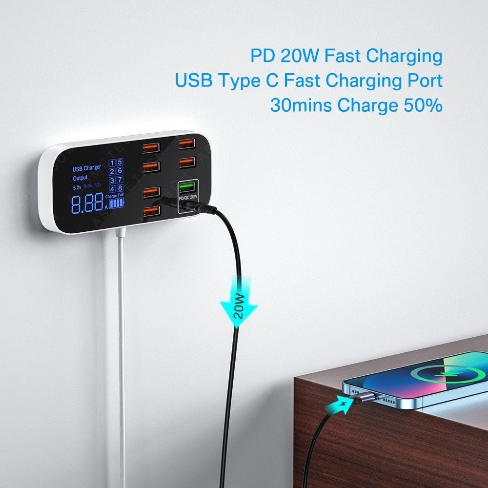 ASOMETECH 8 Port USB Charger Station-LED Display For iPhone 14 &13 Pro, Xiaomi.