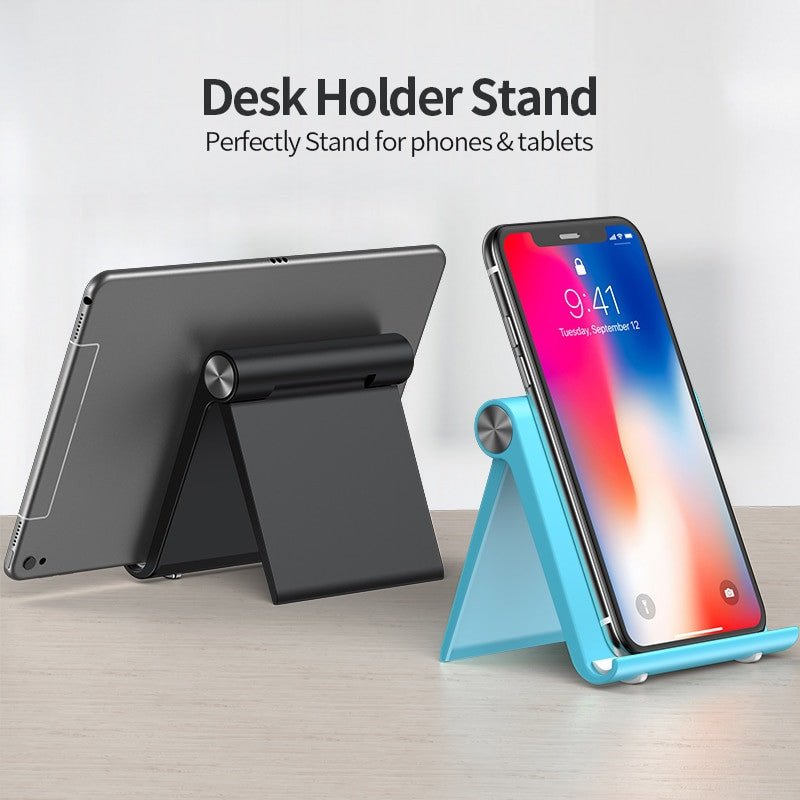 Olaf-brand foldable desktop mobile phone holder stands in black and blue, supporting a tablet and an iPhone, providing hands-free convenience for device viewing.