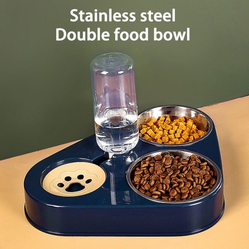 Stainless steel black coated double food bowl with water bottle.