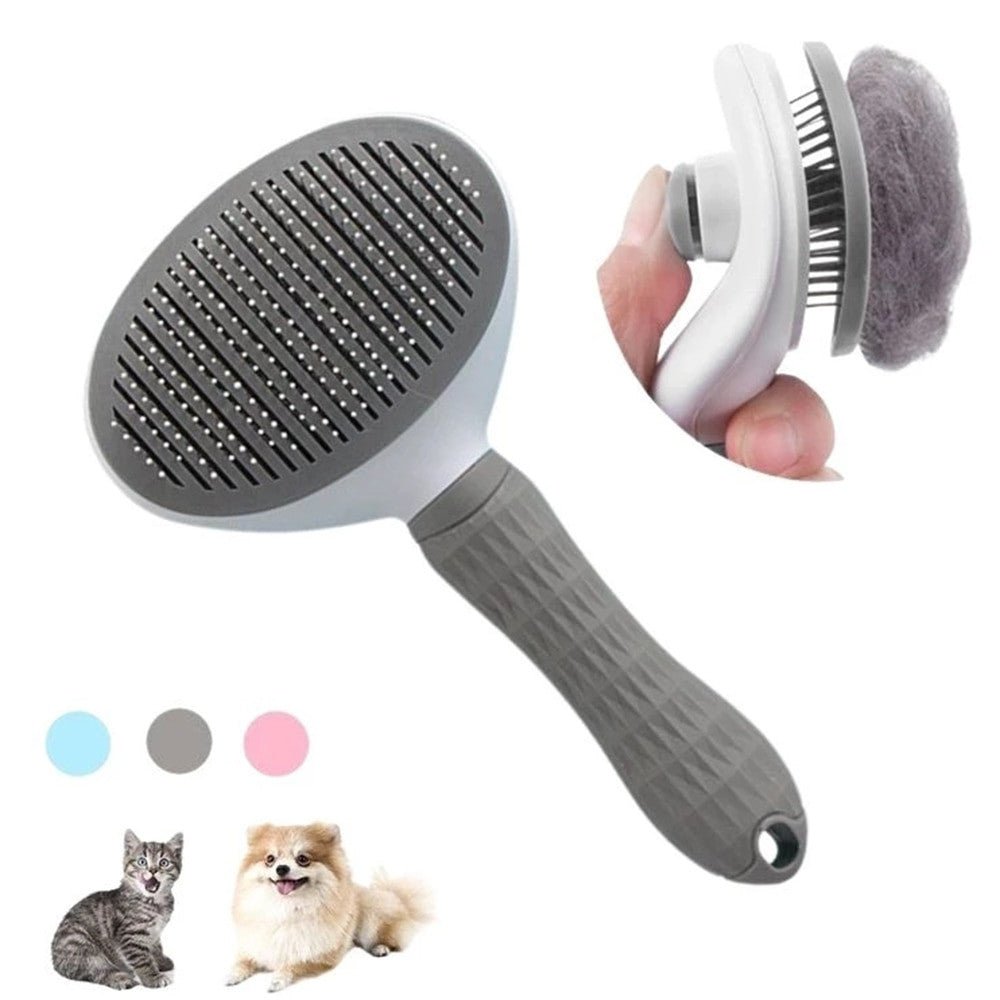 Auto self-cleaning pet dog/cat hair brush/grooming brush for short or long hair with plastic handle.