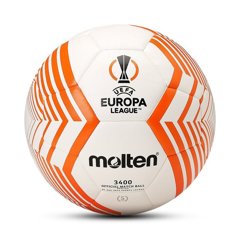 Professional Molten soccer ball in size 5 with white and orange panel design, high-quality PU/PVC/TPU material, perfect for matches and training on the lawn.