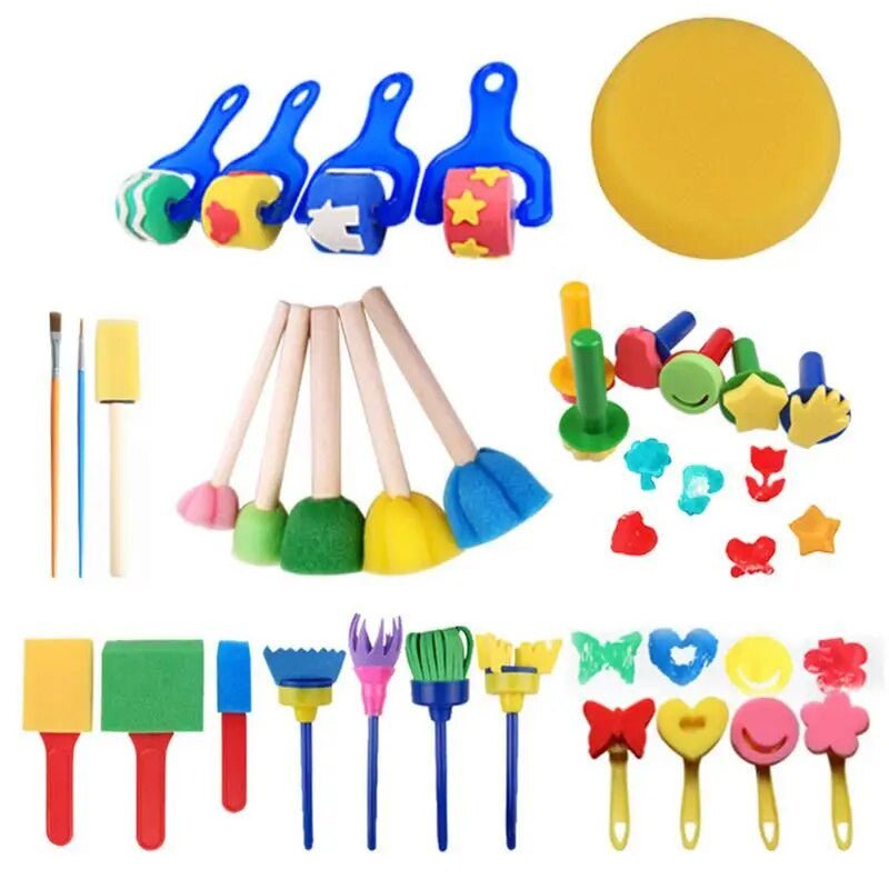 A set of 30 Kids Children Early Learning Painting Foam Sponge Brushes in various shapes and sizes. 