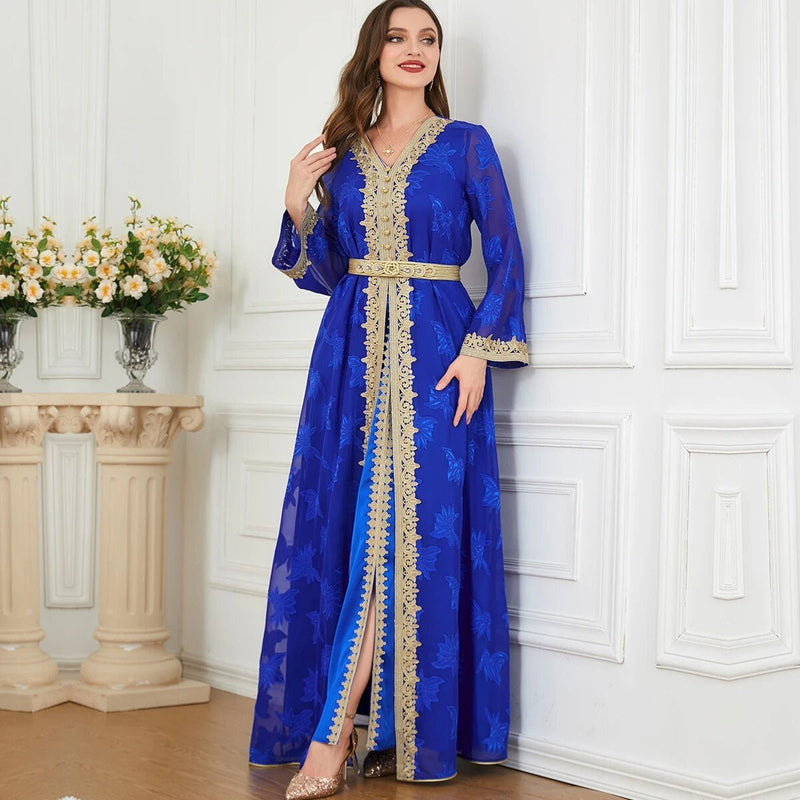 Siskakia Elegant Muslim Abaya Set – 2 Pieces Floral Embroidery Dress - Adistore