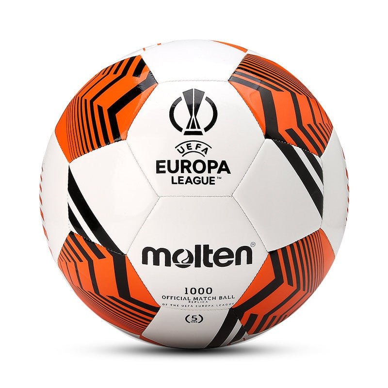 Professional size 5 Molten football ball with striking white and orange pattern, made from high-quality PU/PVC/TPU material, suitable for matches and training on lawns.