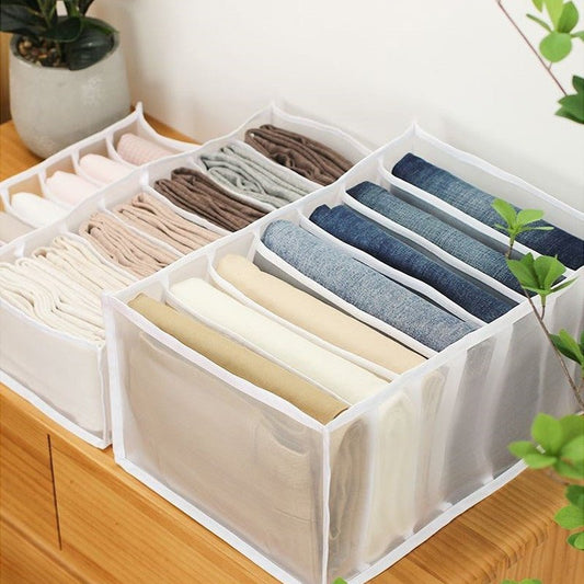 Jeans Compartment Storage Box - Closet Clothes Drawer Home Organiser on a wooden surface. 