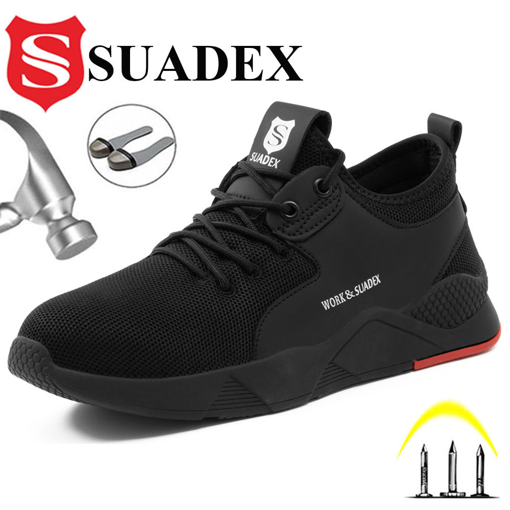 SUADEX Men's Work Safety Shoes: Close-up image of a man wearing black safety shoes with a steel toe cap, working in a construction site.