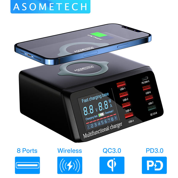 100W 8-Port USB Charging Station with Wireless Charger for iPhone/Xiaomi - Adistore