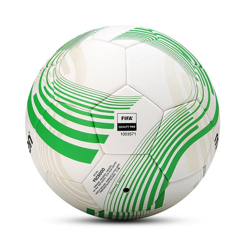 Professional size 5 Molten football ball with distinctive green and white pattern, crafted from high-grade PU/PVC/TPU material, showcased on a white background for optimal detail visibility.