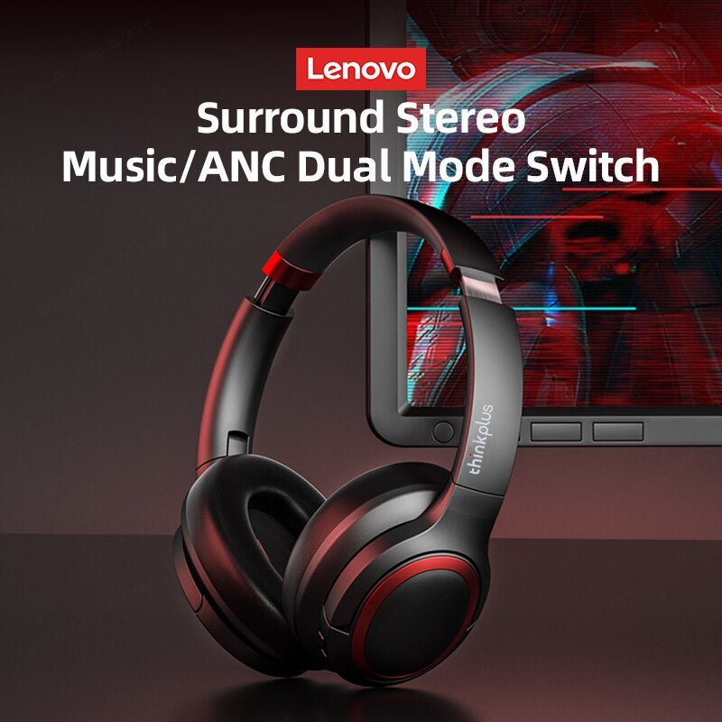 Lenovo TH40 Stereo Wireless Bluetooth Earphones showcasing HIFI sound quality, ANC dual mode switch, and a sleek red and black design, set against an abstract artistic backdrop.