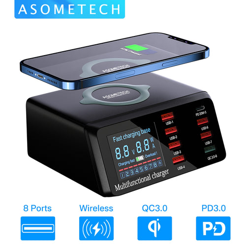 100W 8-Port USB Charging Station with Wireless Charger for iPhone/Xiaomi - Adistore