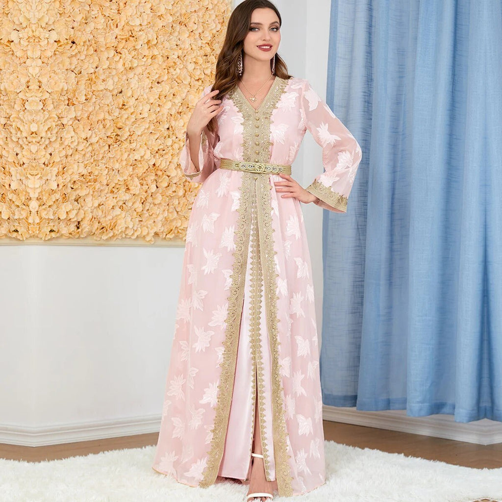 Siskakia Elegant Muslim Abaya Set – 2 Pieces Floral Embroidery Dress - Adistore