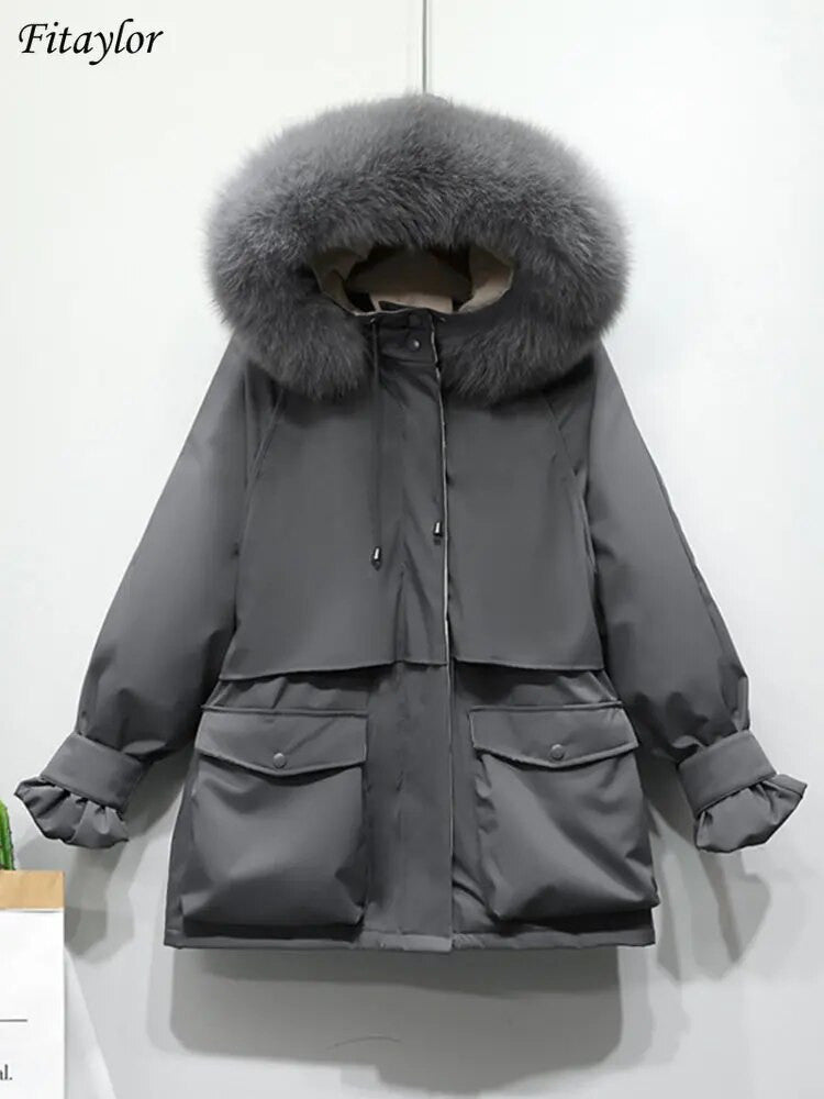 Fitaylor Women’s Winter Jacket – Large Natural Fox Fur Hooded Coat - Adistore