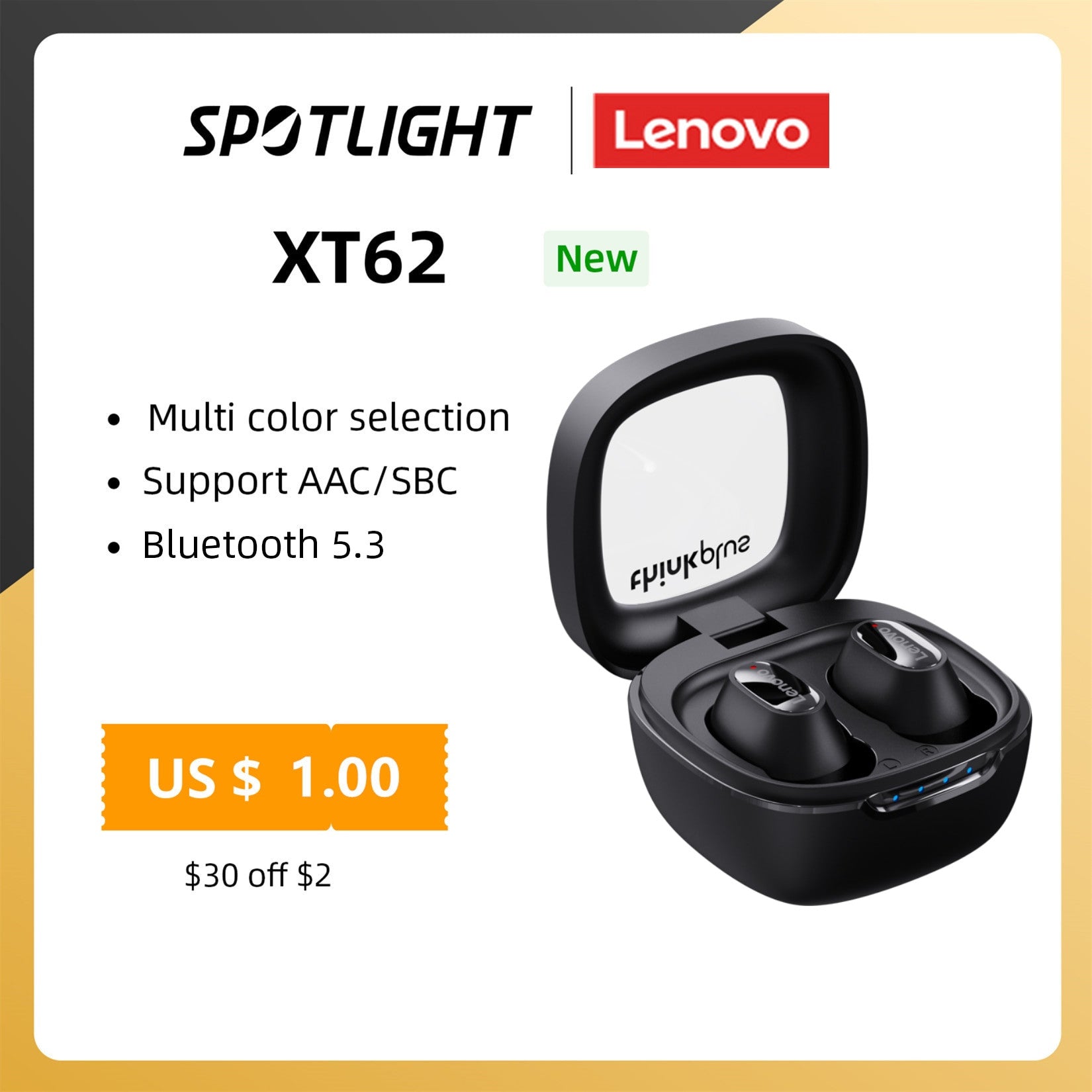 Lenovo XT62 Bluetooth 5.3 wireless earbuds in black with charging case, showcasing key features of multi-color selection, AAC/SBC support, and special promotional price.