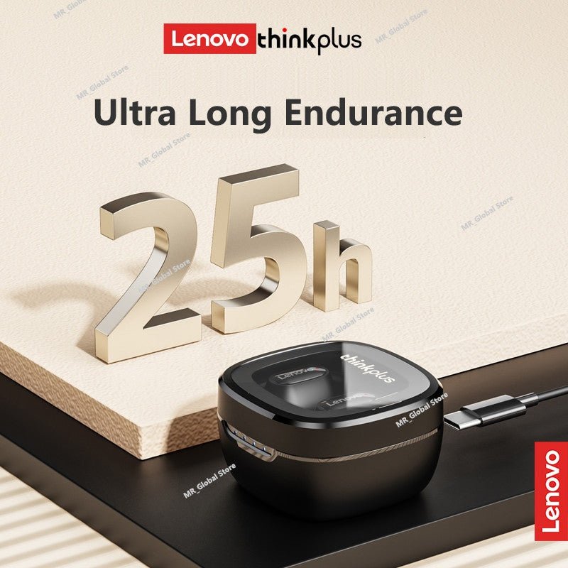 Lenovo XT62 Earphone Bluetooth 5.3 Wireless Earbuds in charging case, highlighting 25-hour battery endurance, with prominent Lenovo branding.