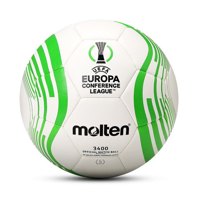 Professional Molten football ball size 5 with green and white design, suitable for matches and training on the lawn, crafted from durable PU/PVC/TPU materials, displaying superior workmanship and air tightness.