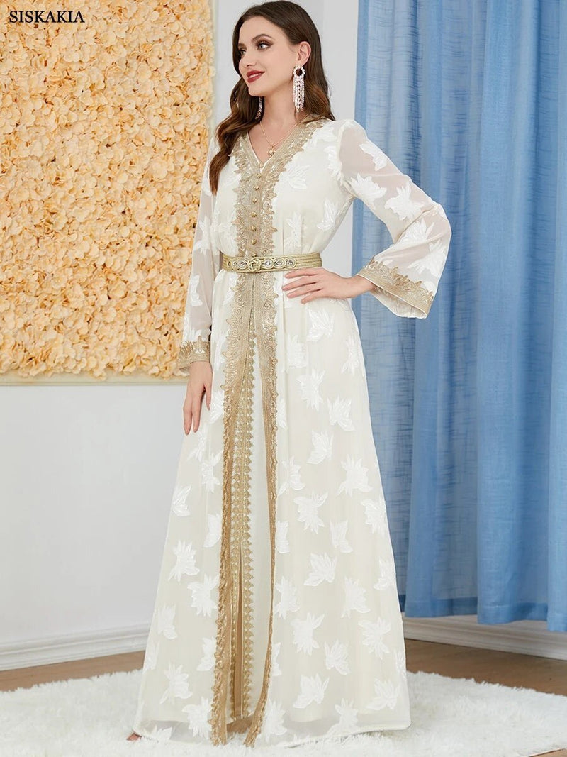 Siskakia Elegant Muslim Abaya Set – 2 Pieces Floral Embroidery Dress - Adistore