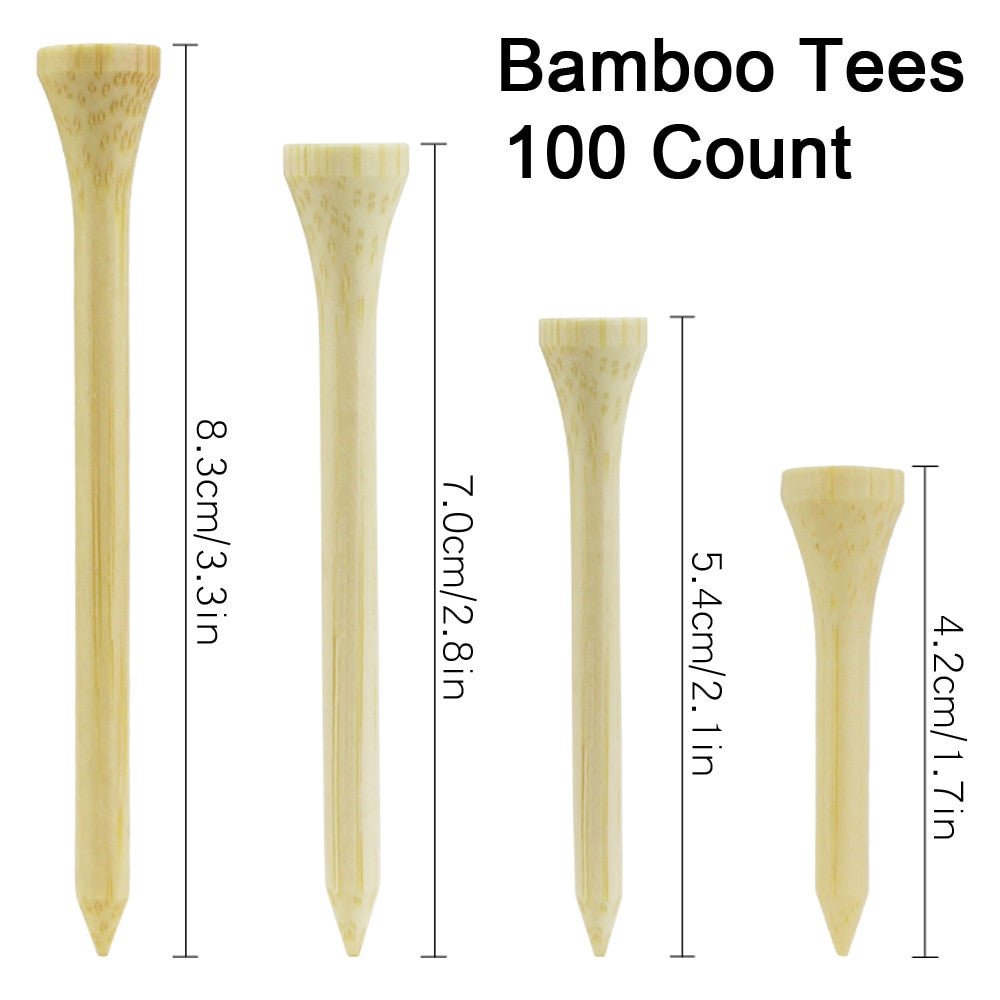 100 count set of golf bamboo tees in four sizes: 42mm, 54mm, 70mm, and 83mm. 