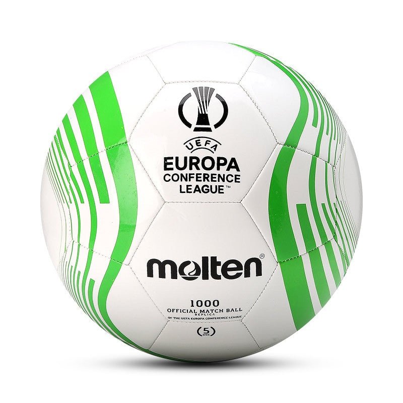 Molten Football Ball in professional size 5 with distinctive green and white design, crafted from durable PU/PVC/TPU materials, suitable for competitive matches and training on the lawn.