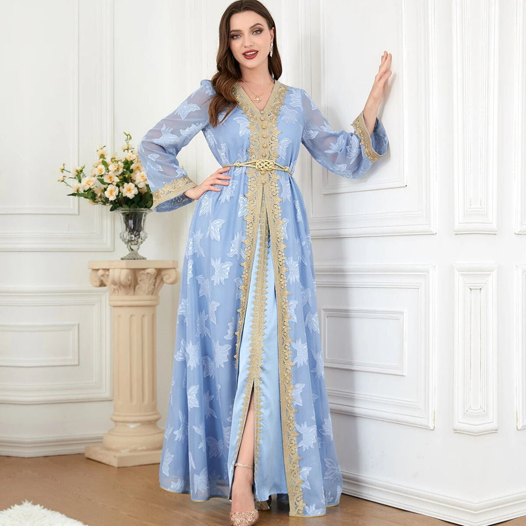 Siskakia Elegant Muslim Abaya Set – 2 Pieces Floral Embroidery Dress - Adistore