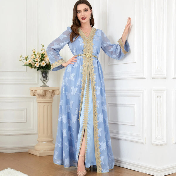 Siskakia Elegant Muslim Abaya Set – 2 Pieces Floral Embroidery Dress - Adistore