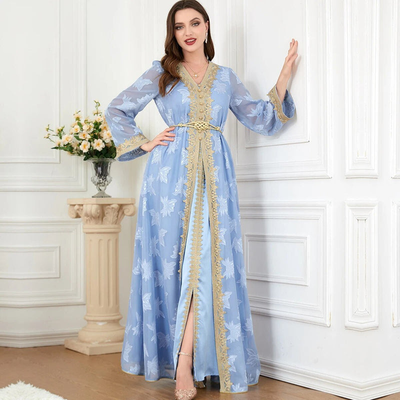 Siskakia Elegant Muslim Abaya Set – 2 Pieces Floral Embroidery Dress - Adistore