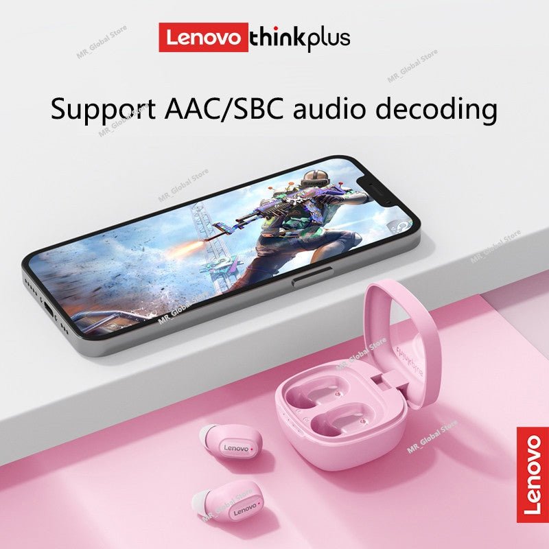 Lenovo XT62 wireless Bluetooth 5.3 earbuds in pink with HiFi sport headset and mic, showing AAC/SBC audio decoding feature, alongside an open charging case and a smartphone displaying an action game.