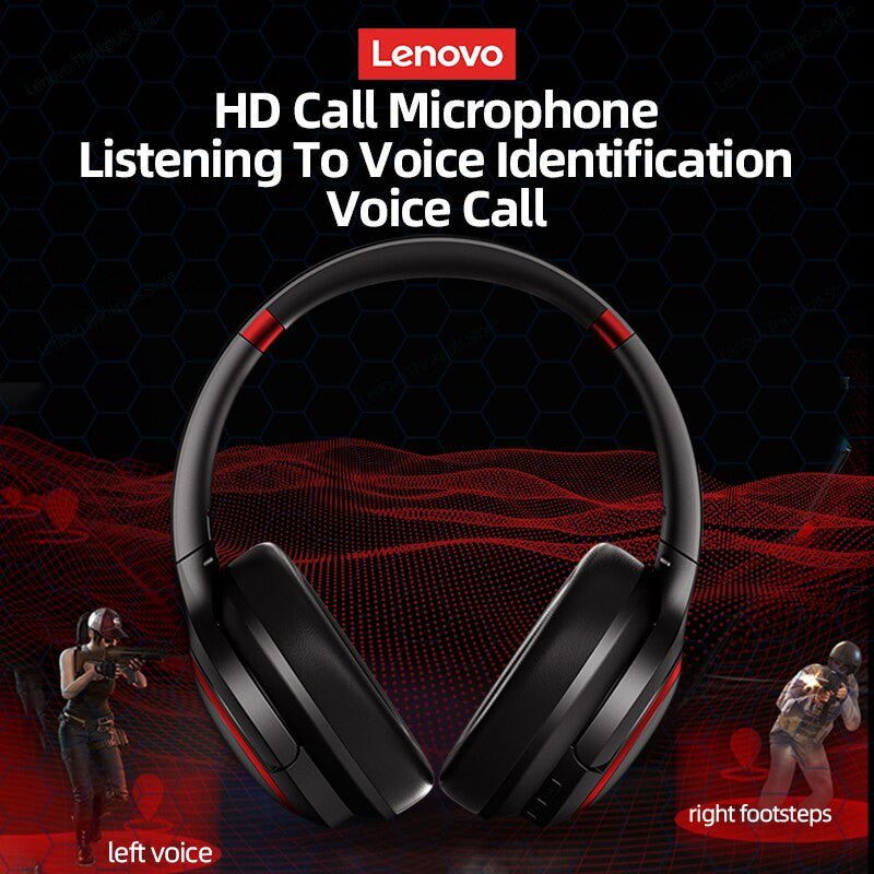 Lenovo TH40 Stereo Wireless Bluetooth Earphones featuring HIFI sound showcased with a HD call microphone and visual sound identification cue graphics for immersive voice and gaming experience.