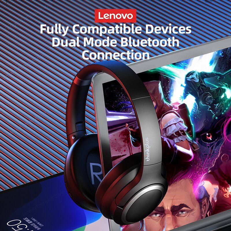 Lenovo TH40 Wireless Bluetooth Headphones with HiFi Sound, pairing to a device, depicted with dynamic superhero-themed artwork.