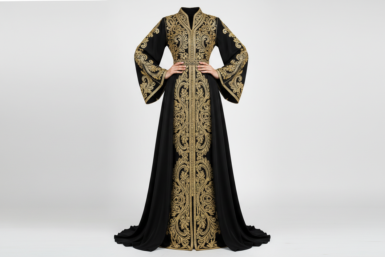 Gorgeous Moroccan Caftan Dress with Gold Lace – Albanian Abaya Prom - Black