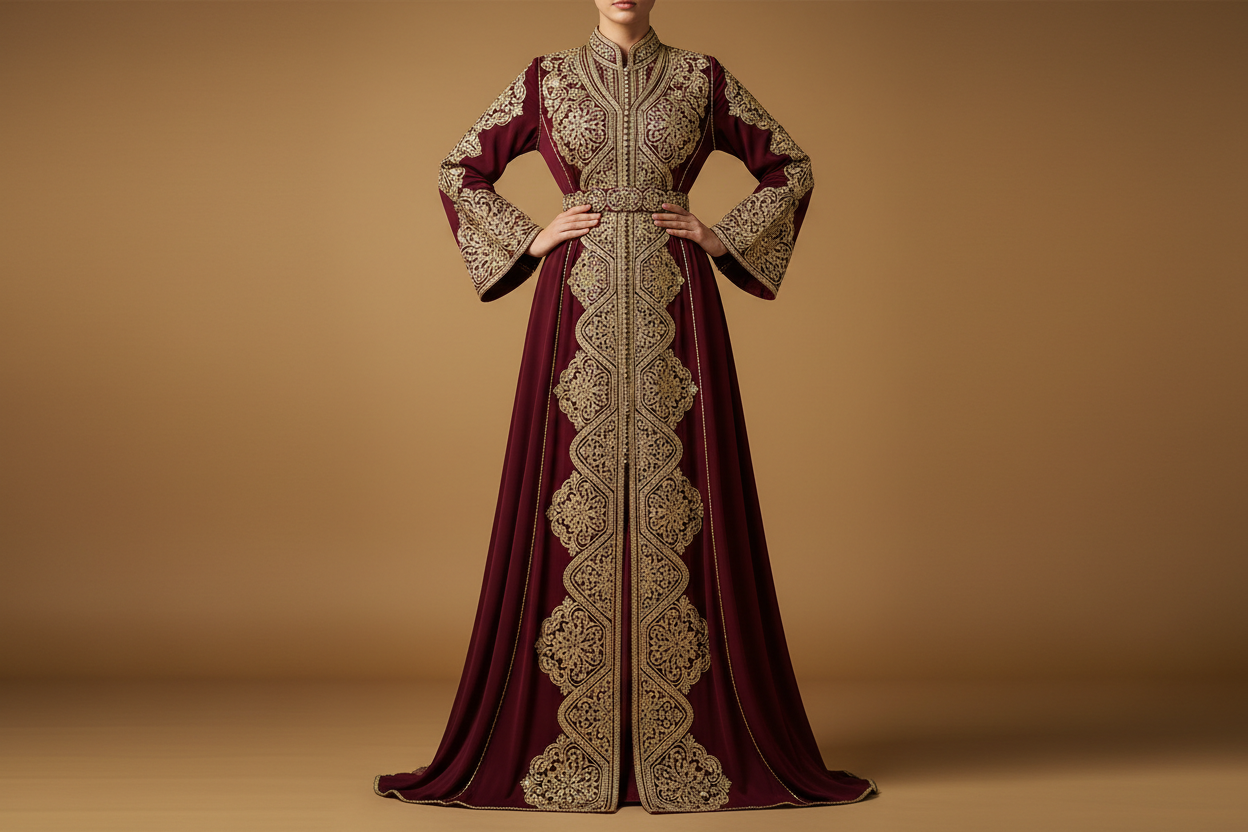 Gorgeous Moroccan Caftan Dress with Gold Lace – Albanian Abaya Prom - Burgundy
