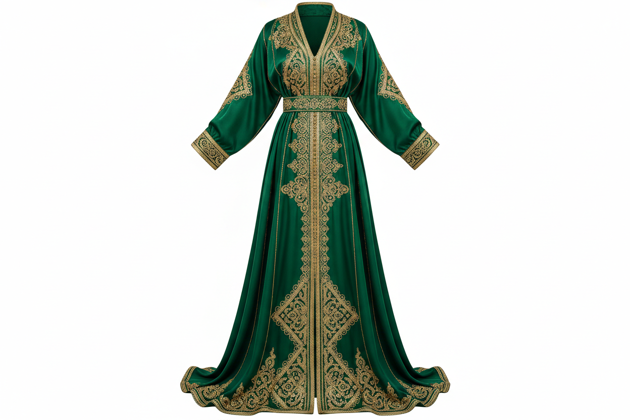 Gorgeous Moroccan Caftan Dress with Gold Lace – Albanian Abaya Prom - Green