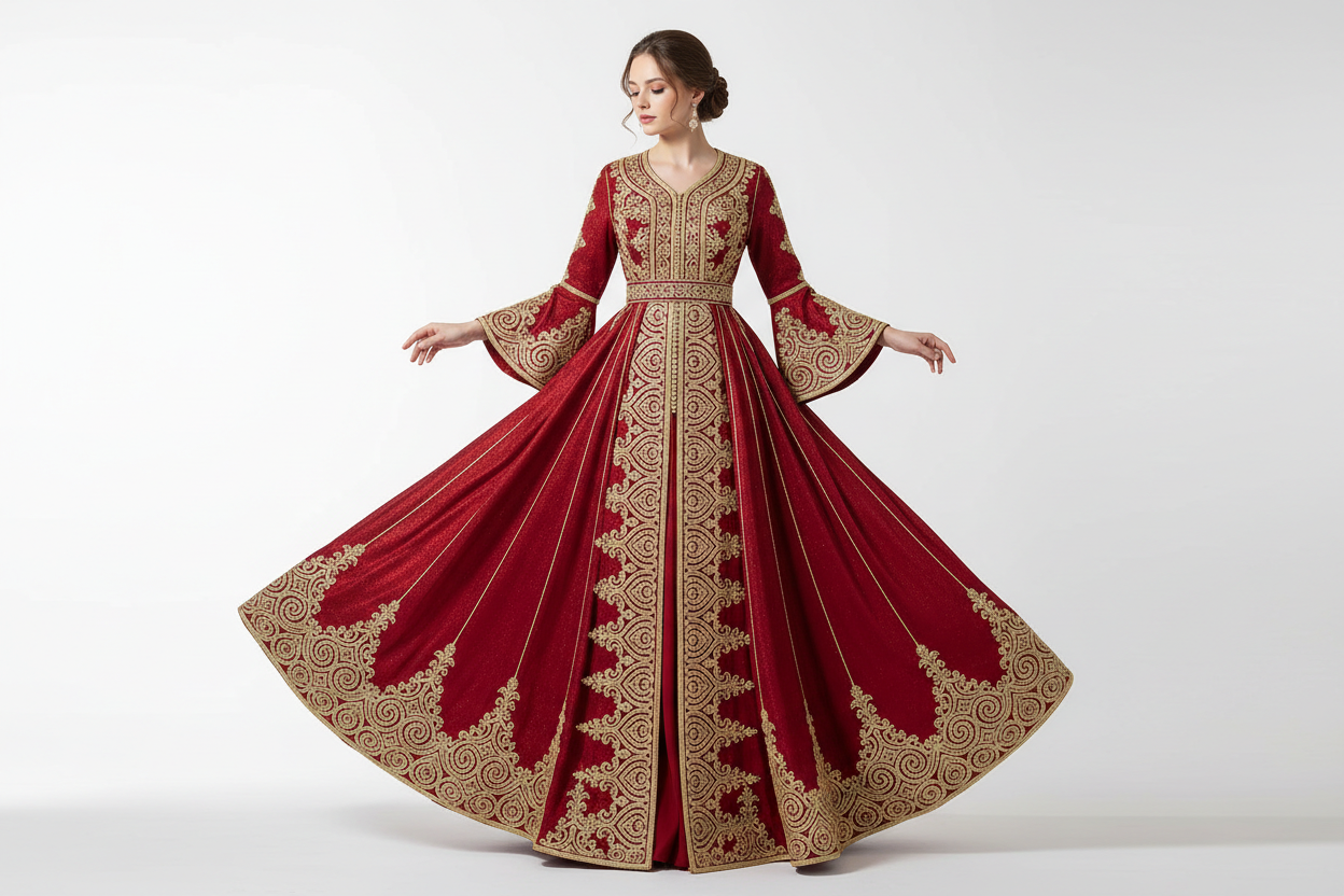 Gorgeous Moroccan Caftan Dress with Gold Lace – Albanian Abaya Prom - Red