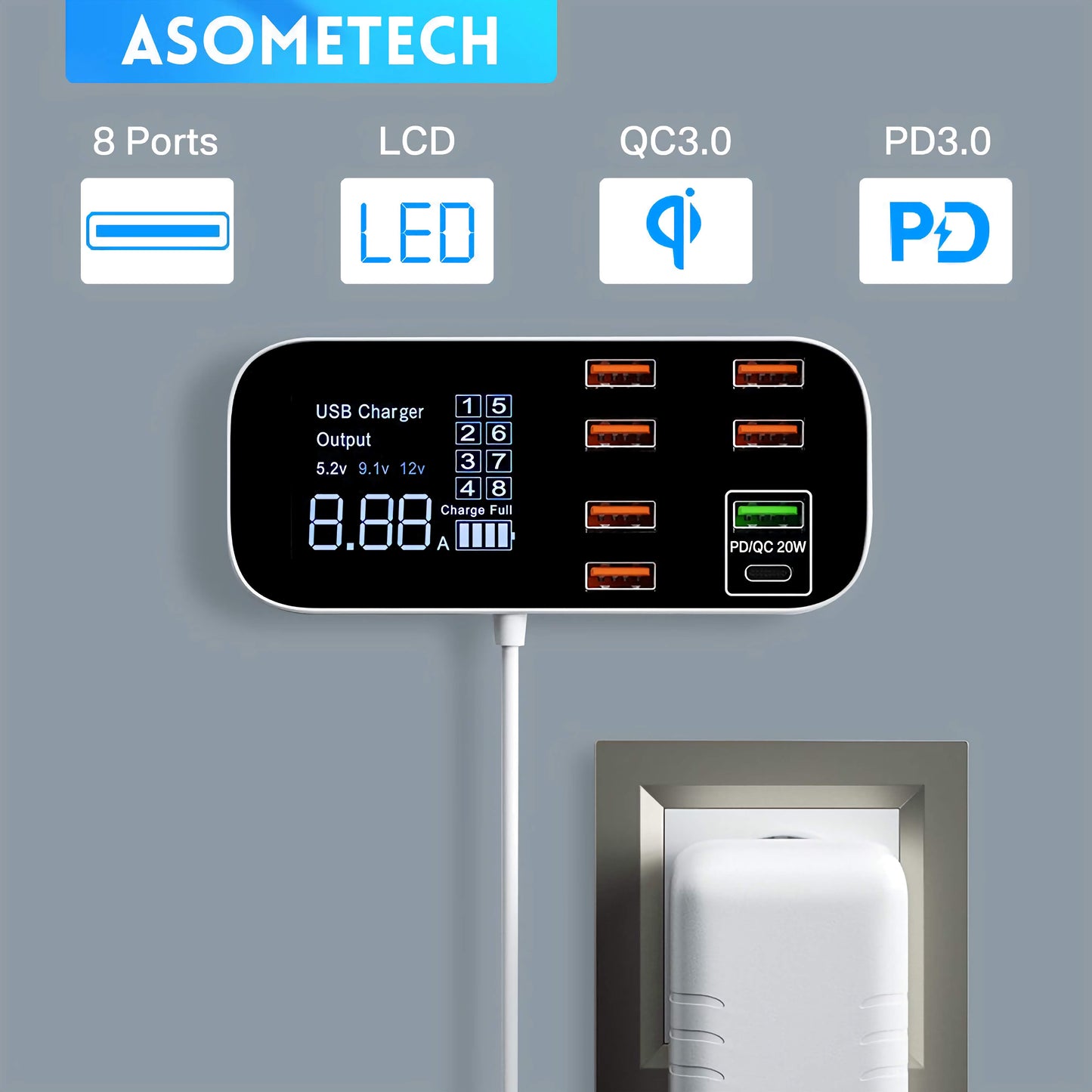 ASOMETECH 8 Port USB Charger Station-LED Display For iPhone 14 &13 Pro, Xiaomi.