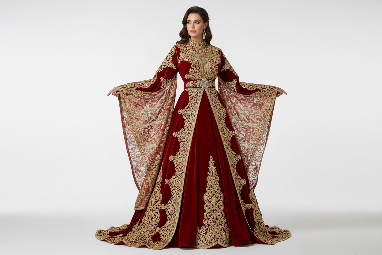 Hunter Green Burgundy Velvet Prom Dress | Moroccan Gold Lace Kaftan - red