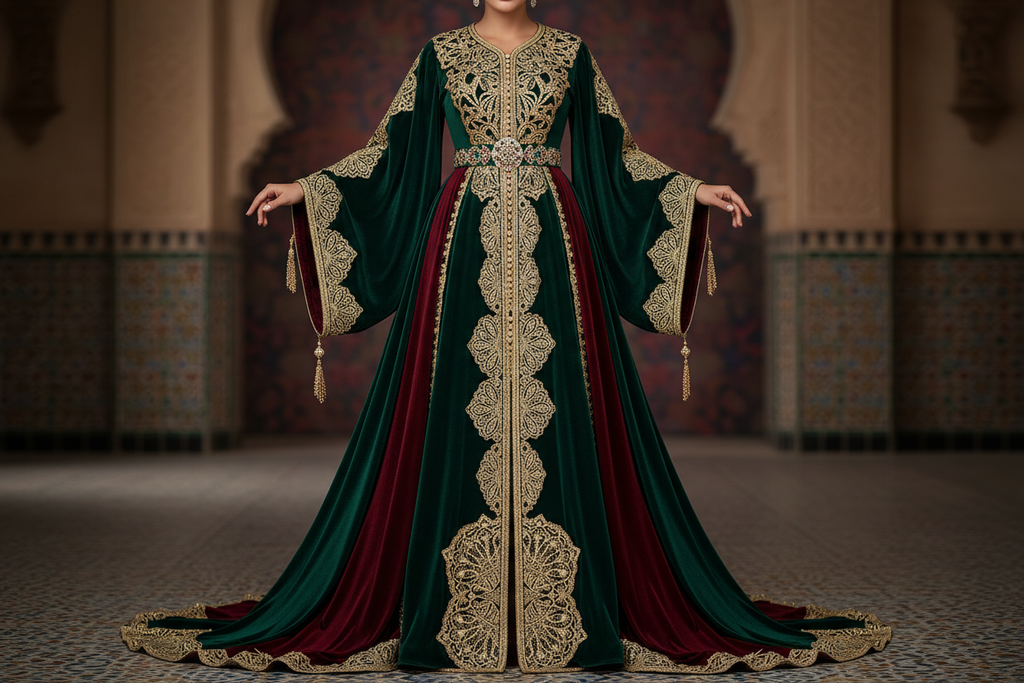 Hunter Green Burgundy Velvet Prom Dress | Moroccan Gold Lace Kaftan
